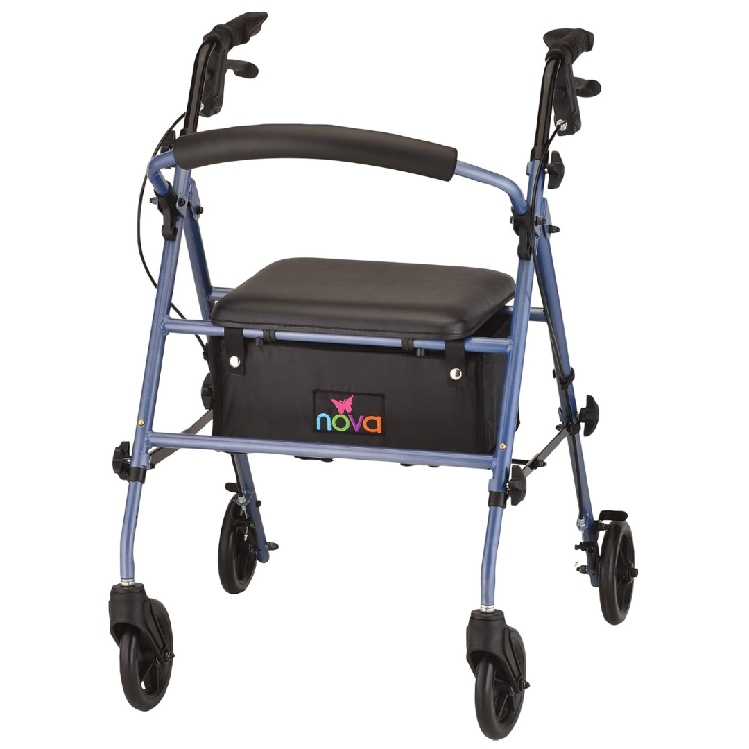 The Nova Medical Journey Steel Lightweight Folding Rollator, in blue with four black wheels, features a padded seat and sturdy handlebars. It includes a storage compartment under the seat with the brands logo, designed for personal mobility and practical use.